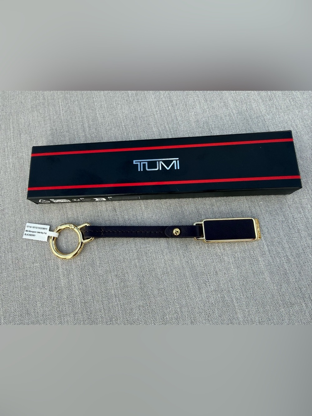NEW Tumi Mini MONOGRAM PATCH Leather Valet Key Ring Keychain BLACKBERRY w/ GOLD